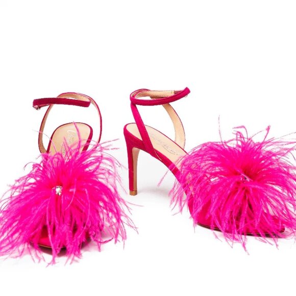 NEW CLAUDIA LISOTTA Made In Brazil Leather Leah Feather Heeled Sandals 254 693